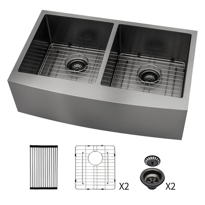 Black Double Bowl Farmhouse Sink with 16 Gauge Stainless Steel - Apron Front