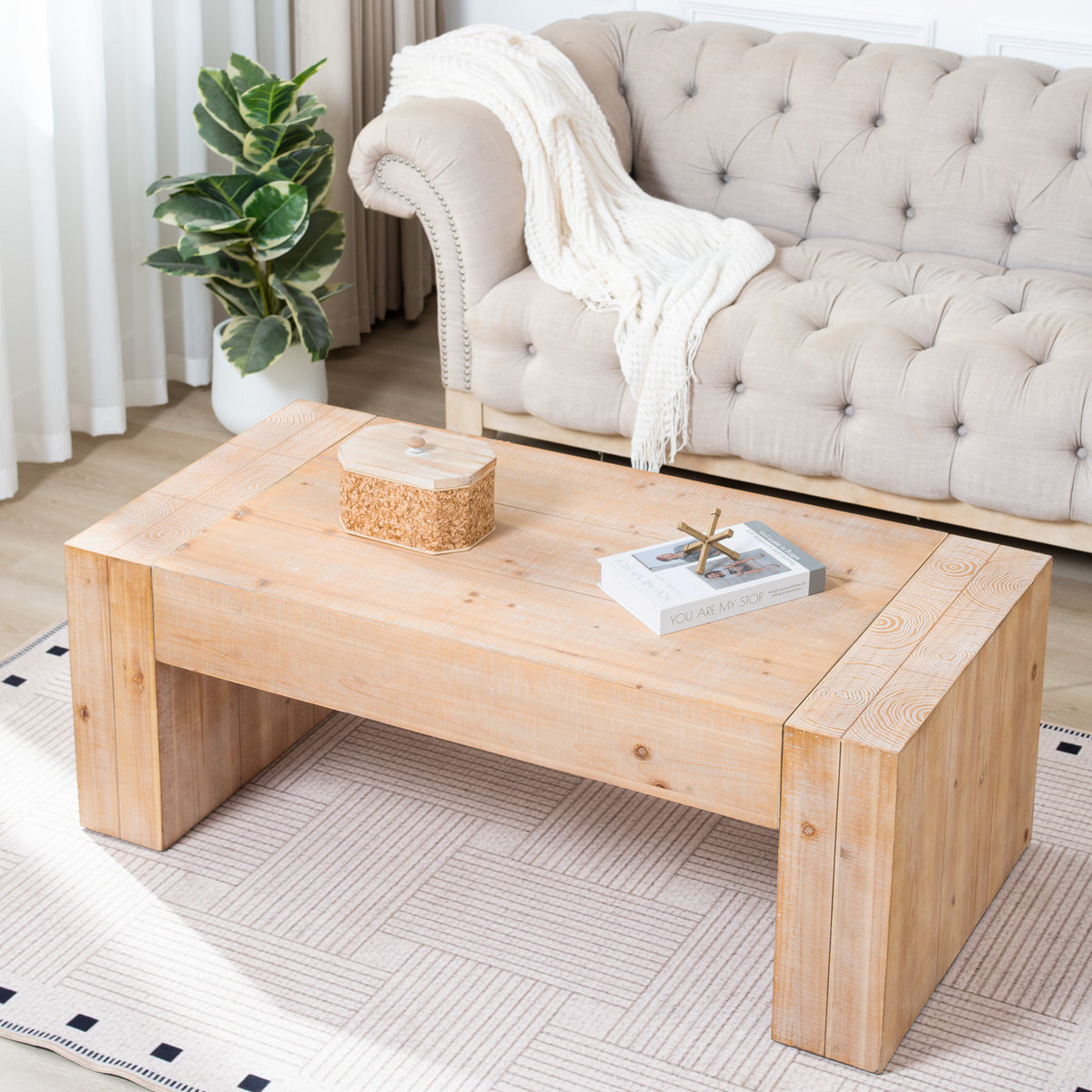 49" Rustic Wood Coffee Table with Whitewashed Finish - Engineered Wood