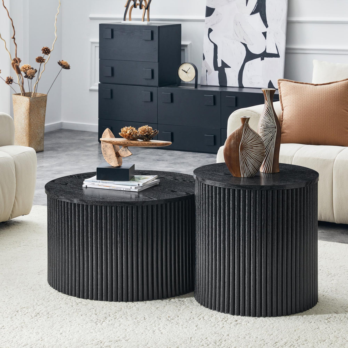 2-Piece Nesting Coffee Table Set, Roman Column Design MDF Round Tables with Built-in Storage