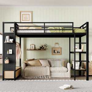 Queen Size Metal Loft Bed Frame with Wardrobe