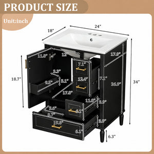 24" Modern Bathroom Vanity with Ceramic Sink, Soft-Close Doors & Drawers - Black