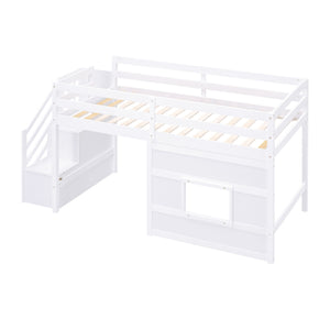 Loft Bed With Storage Staircase, Window & LED Light