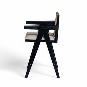 Woven Cane Plastic Backrest Bar Stool Foam Padded Fabric Seat & Durable Rubberwood Frame - Cream Gray