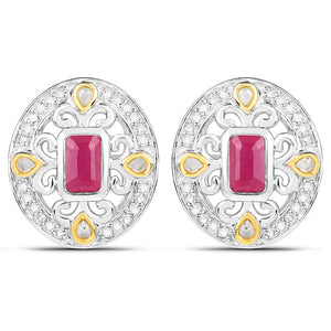 0.77 Carat Genuine Ruby and White Diamond .925 Sterling Silver Earrings