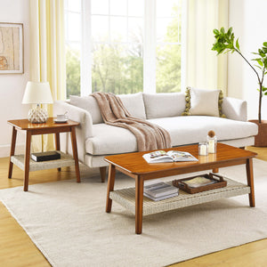 Mid - Century Square Side Table With Woven Shelf - Walnut