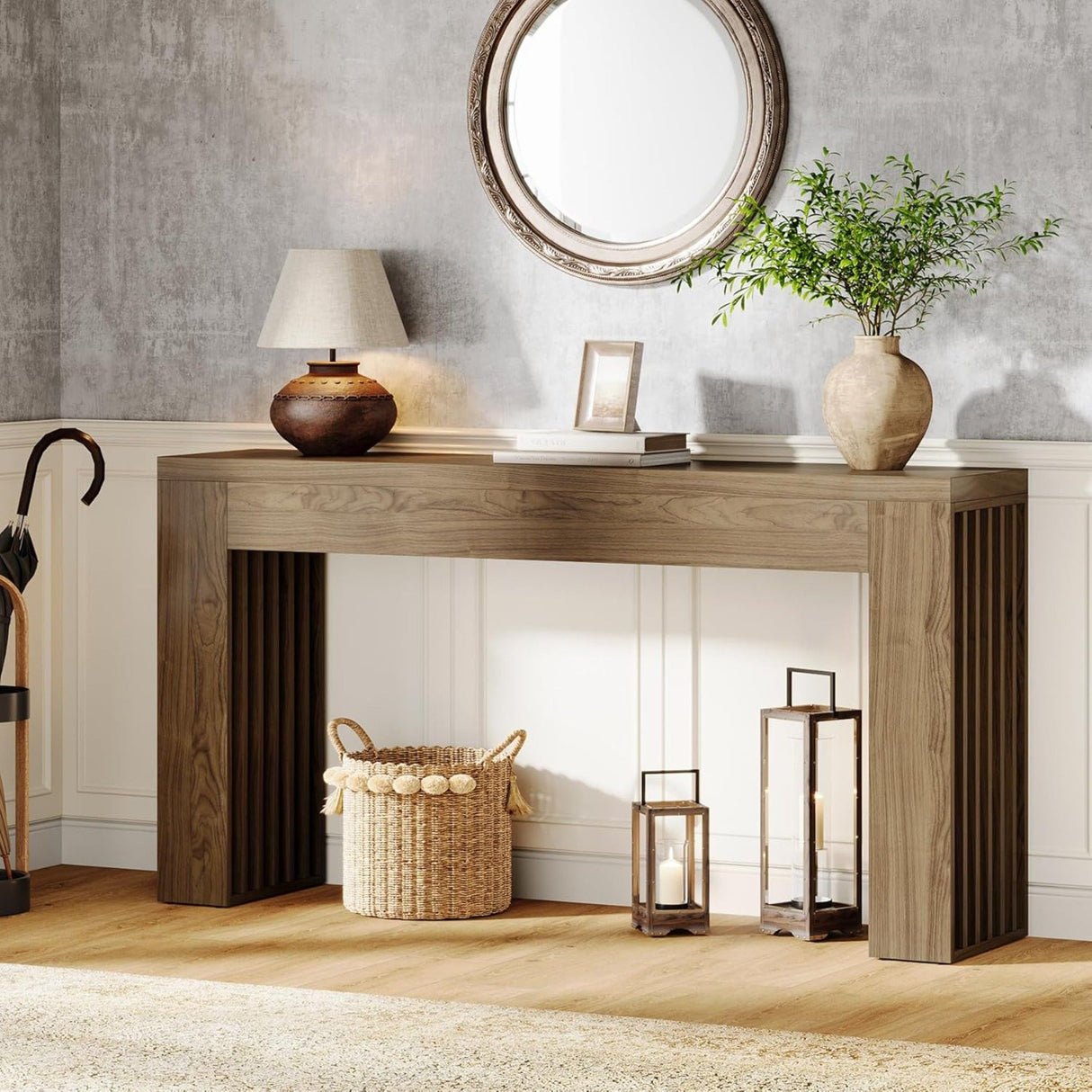 Console Table With Vertical Slat Legs For Entryway - Rustic Brown