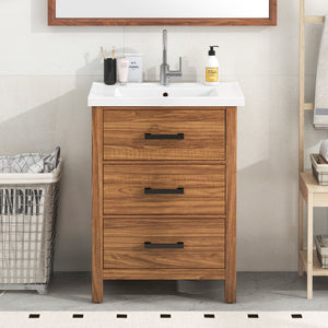 24'' Bathroom Vanity With Basin Sink, 3 Drawer Storage Cabinet - Natural Wood