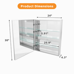 Bathroom LED Lighted Medicine Cabinet with Storage, 24" W x 30" H