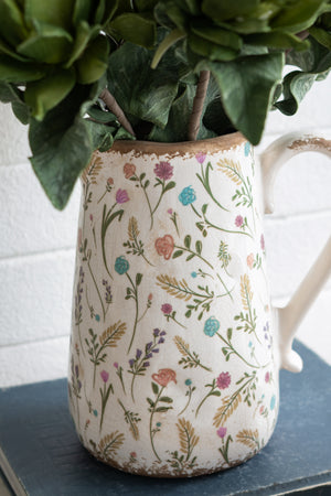 8.1x5.7x9.1" Round Ceramic Pitcher Vase with Multi-Colored Floral Motifs