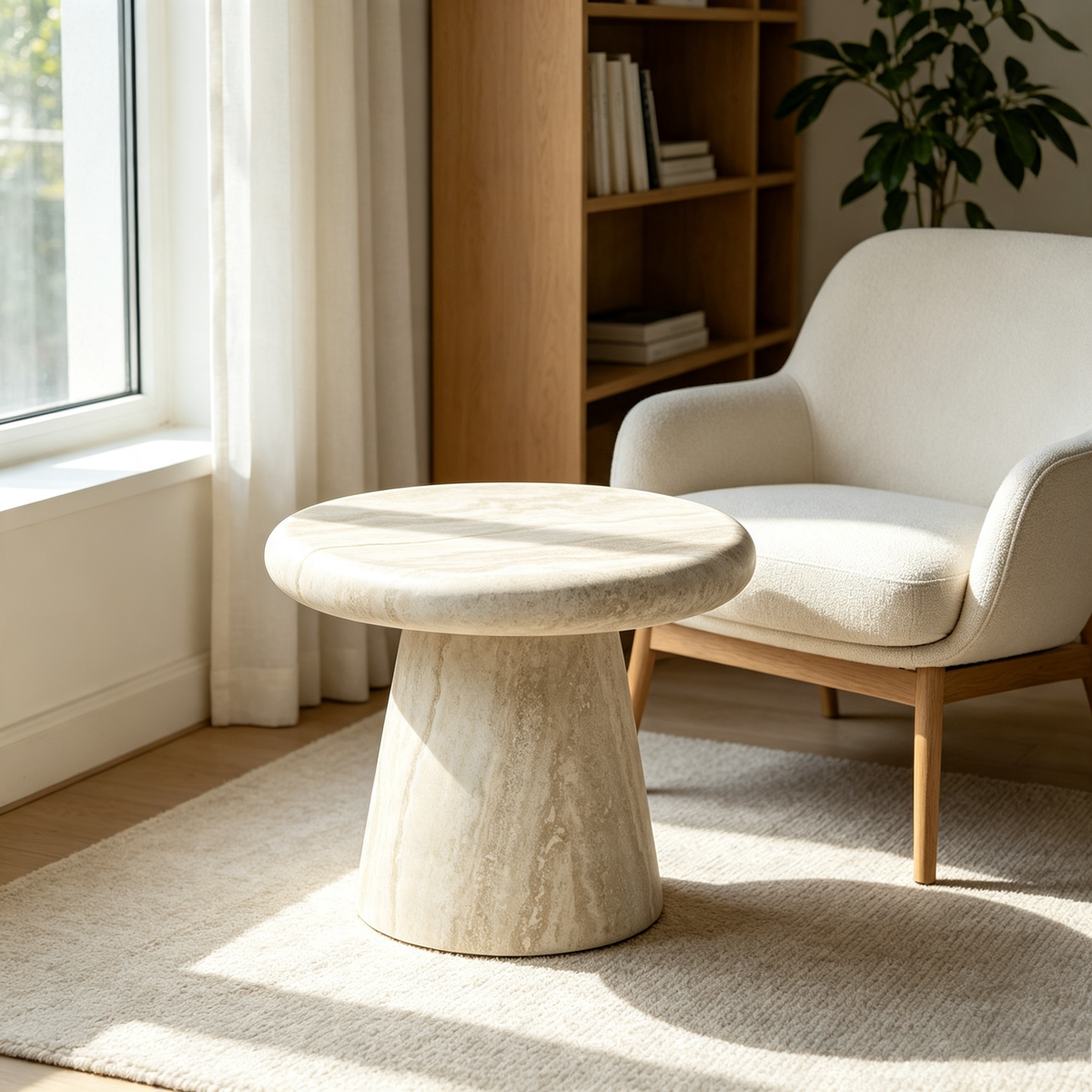 Round Fiberglass Coffee Table, 21.65-Inch, Travertine Print, Low Profile