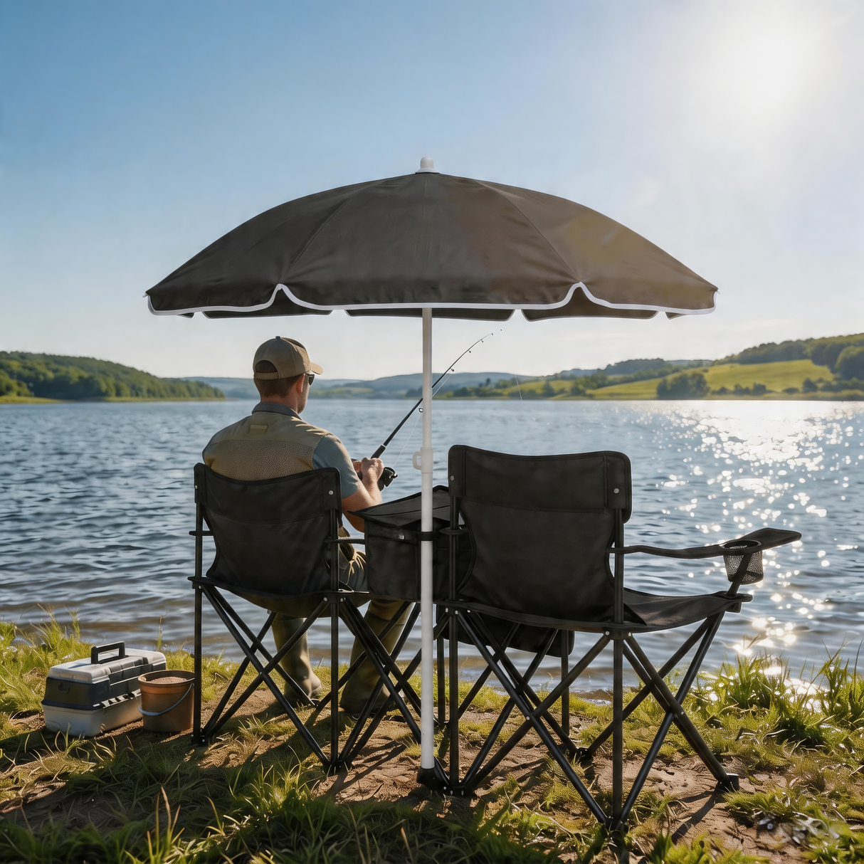 Portable Folding Picnic Chair Set with Umbrella, 2-Person Outdoor Camping Chairs