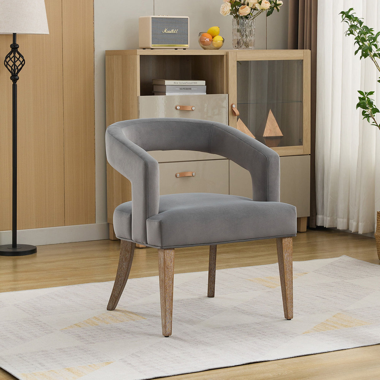 Wide Modern Barrel Open Back Upholstered Accent Chair With Weathered Solid Wood Legs