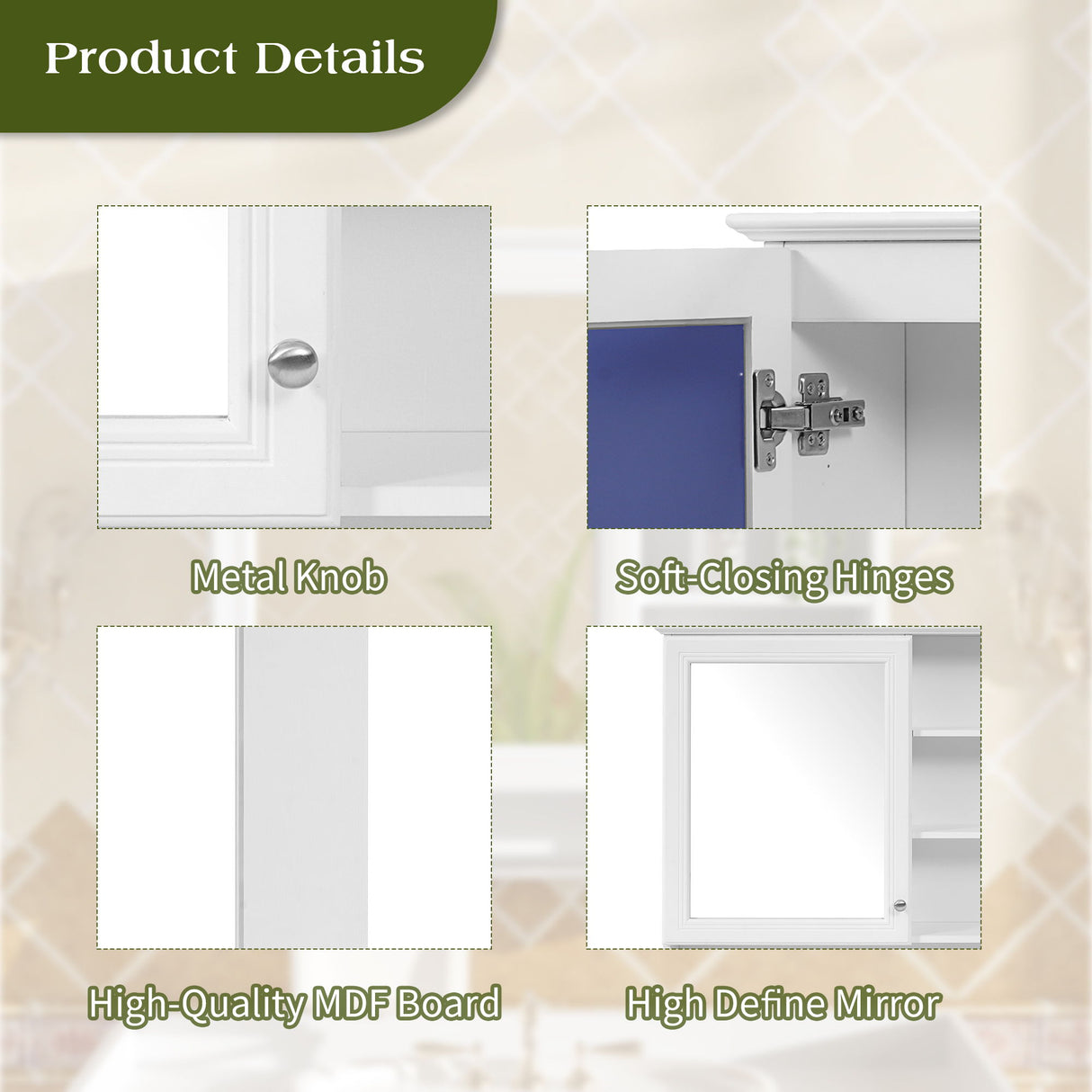 Wall Mount 2 In 1 Mirror Cabinet With Adjustable Shelf, Soft-Closing Hinges