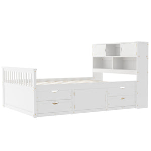 Captain Platform Bed Frame With Bookcase Headboard, 4 Drawers, Storage Shelves