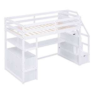 Loft Bed With Desk, Shelves, 2 Drawers, Storage Staircase