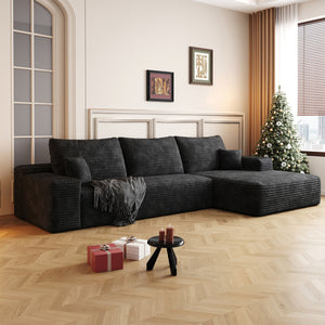 107" Cloud Sectional Couch with L-Shape Chaise, Black Plush Corduroy