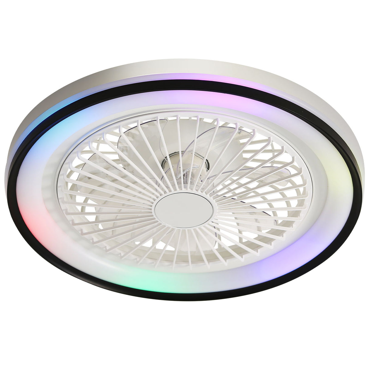 RGB Dimmable LED Enclosed Ceiling Fan With Light Flush Mount Bladeless, 6 Speed, Remote Control - White