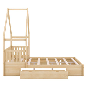 House Style Platform Bed With Guardrail And 2 Drawers
