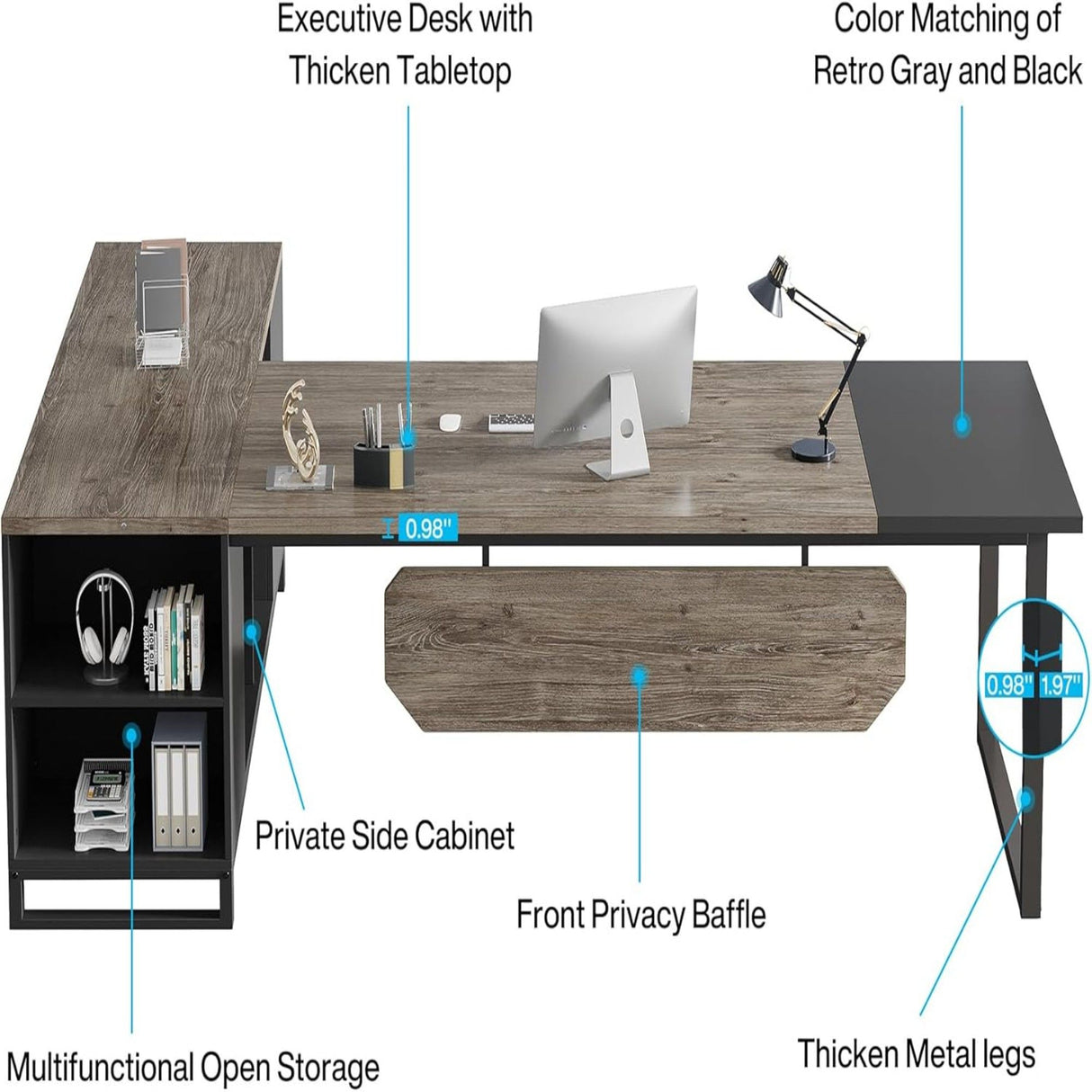 L-Shaped Executive Desk With File Cabinet, Computer Workstation With Storage