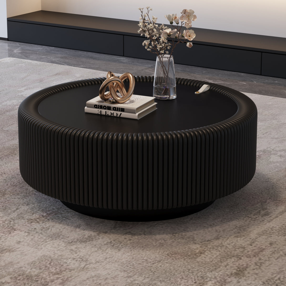 Black Round Fluted Coffee Table with Tempered Glass Top