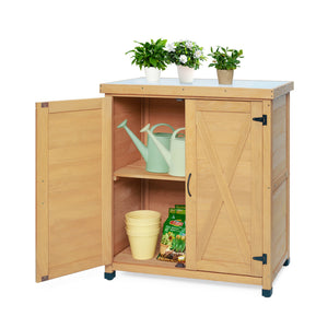 Potting Bench with Storage Cabinet and Metal Table Top for Outdoor Patio