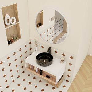 Floating Bathroom Vanity With Vessel Sink With Open Shelf Storage