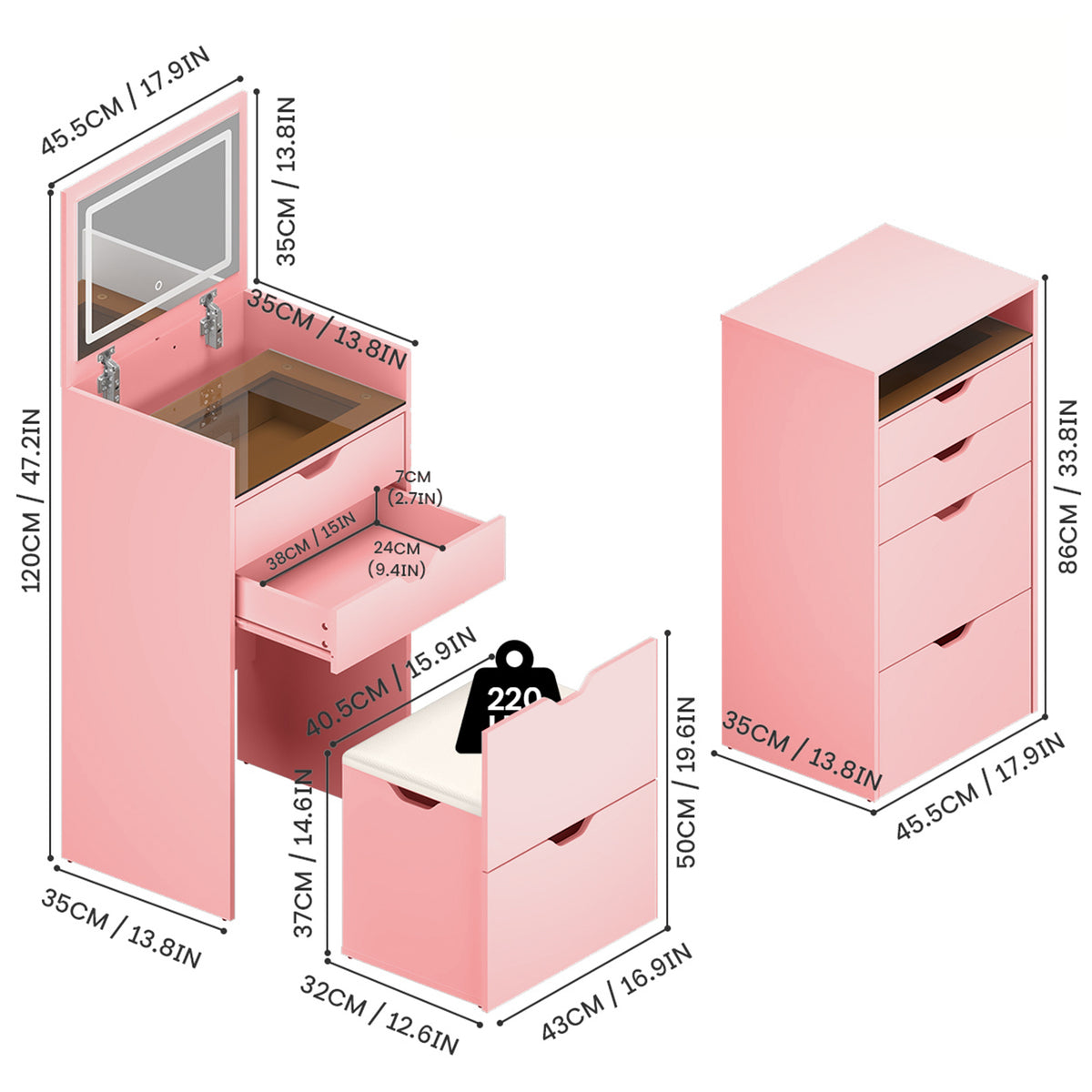 3-in-1 Multifunctional Dressing Table and Stool Set