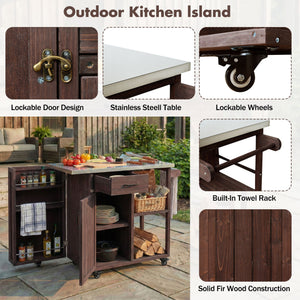 Outdoor Kitchen Island Prep Station With Lockable Wheels, Ample Storage, Towel & Spice Racks
