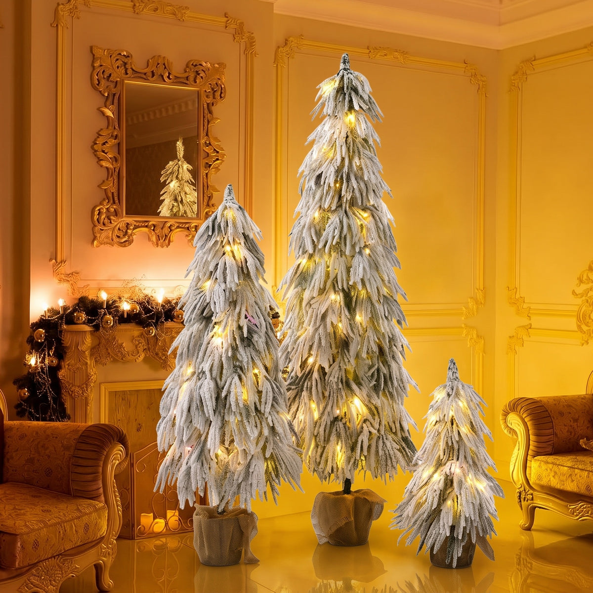 Pre-Lit Flocked Christmas Tree Set of 3 (3FT, 4.5FT, 6FT)