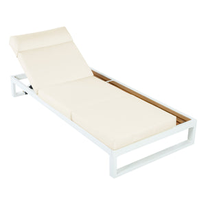 White Iron & Teak Finish Chaise Lounge Set: 1 Frame + 1 4-Fold