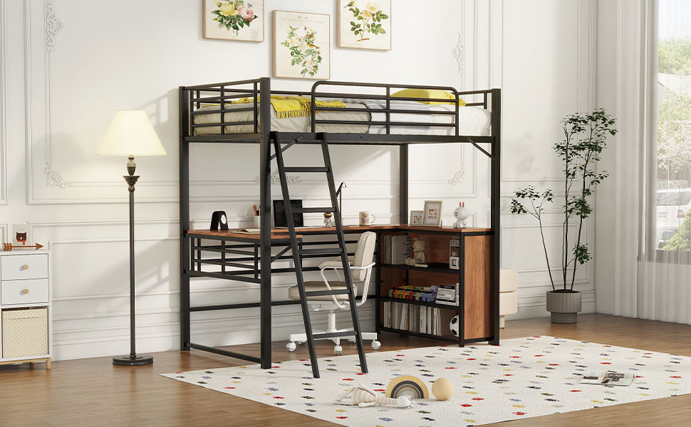 Loft Bed & 3 Layers Of Shelves And L-Shaped Desk