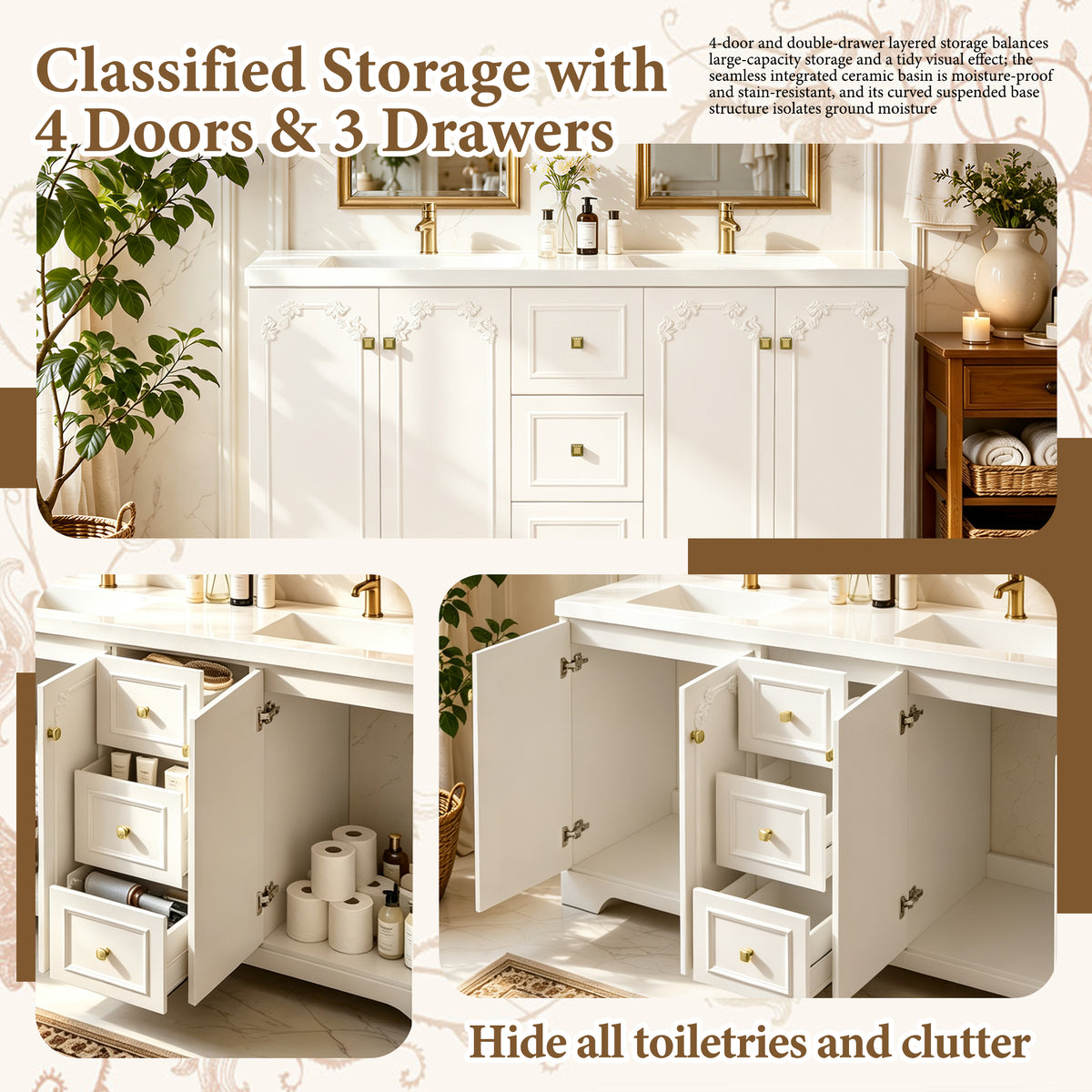 60" White French Bathroom Vanity
