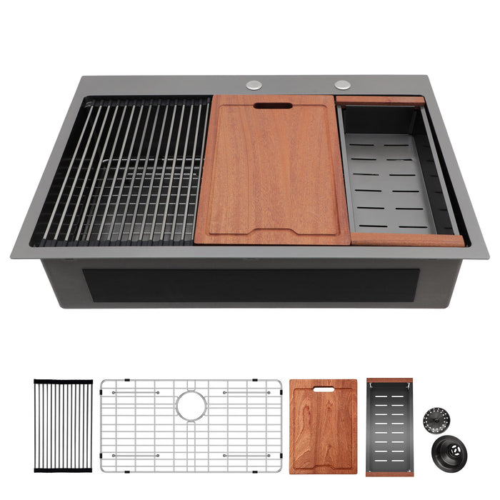 33" Drop In Kitchen Sink with Ledge Workstation - Gunmetal Black
