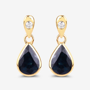 1.65 Carat Genuine Blue Sapphire and White Diamond 10K Yellow Gold Earrings