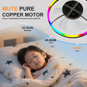 19.7" RGB Flush Mount Ceiling Fan with Light for Bedroom