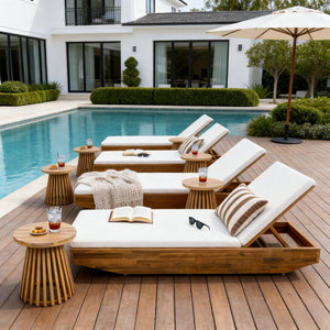 Acacia Wood Chaise Lounge with 2-Fold Thin Cushion - Teak Finish