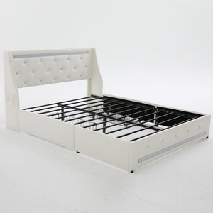 Wingback Upholstered Bed Frame With LED Lights, Charging Station