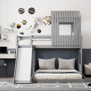 Loft Bunk Bed With Playhouse, Farmhouse, Ladder, Slide And Guardrails