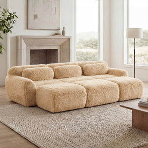 3-Seater Soft Plush Fabric Sofa With Movable Ottoman
