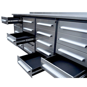 Garage Storage Cabinets With Workbench (With 20 Drawers) - Silver