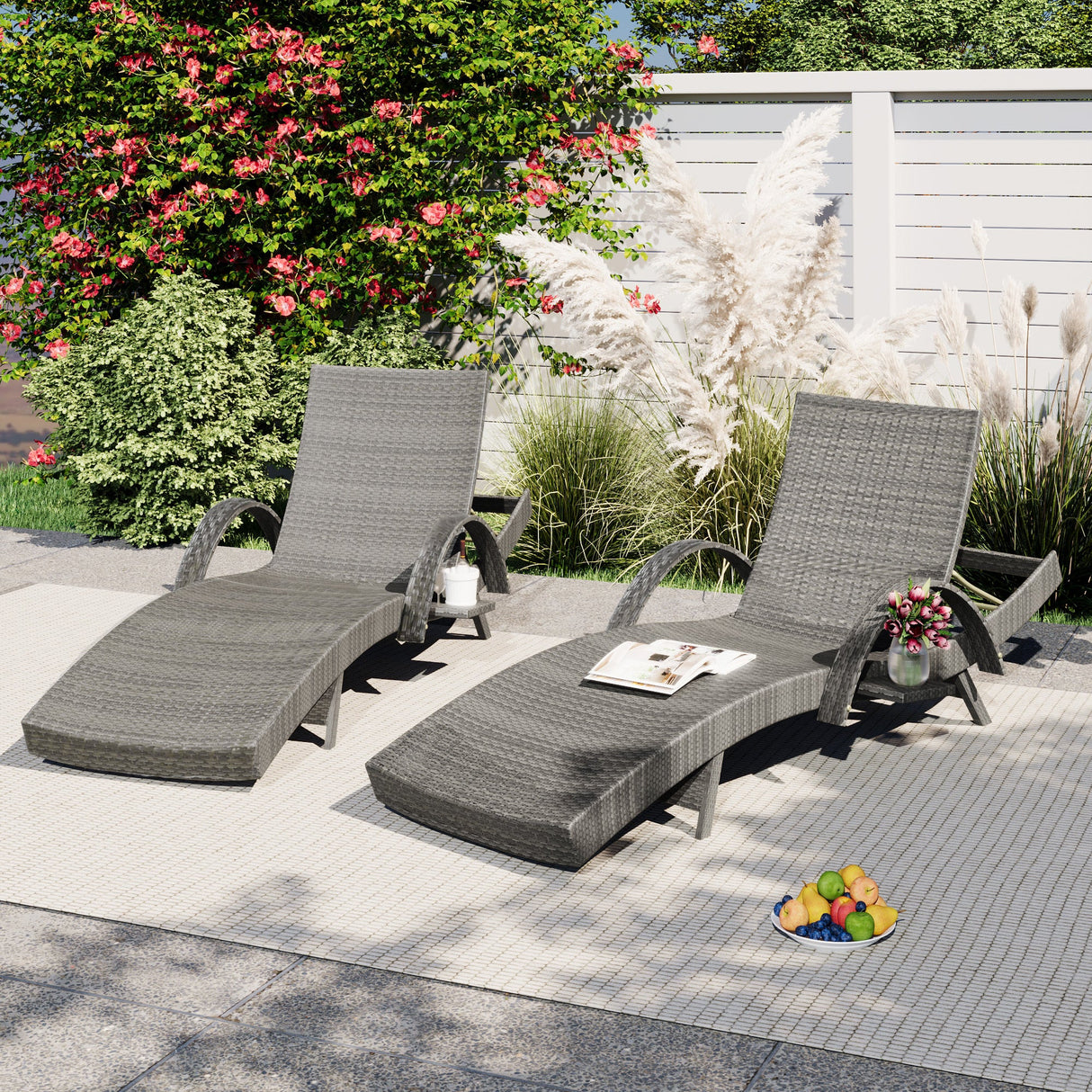 K&K 80" Outdoor Wicker Chaise Lounge Chairs Set of 2