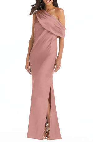 Social Bridesmaids Draped One-Shoulder Convertible Column Gown in Desert Rose , Size Medium