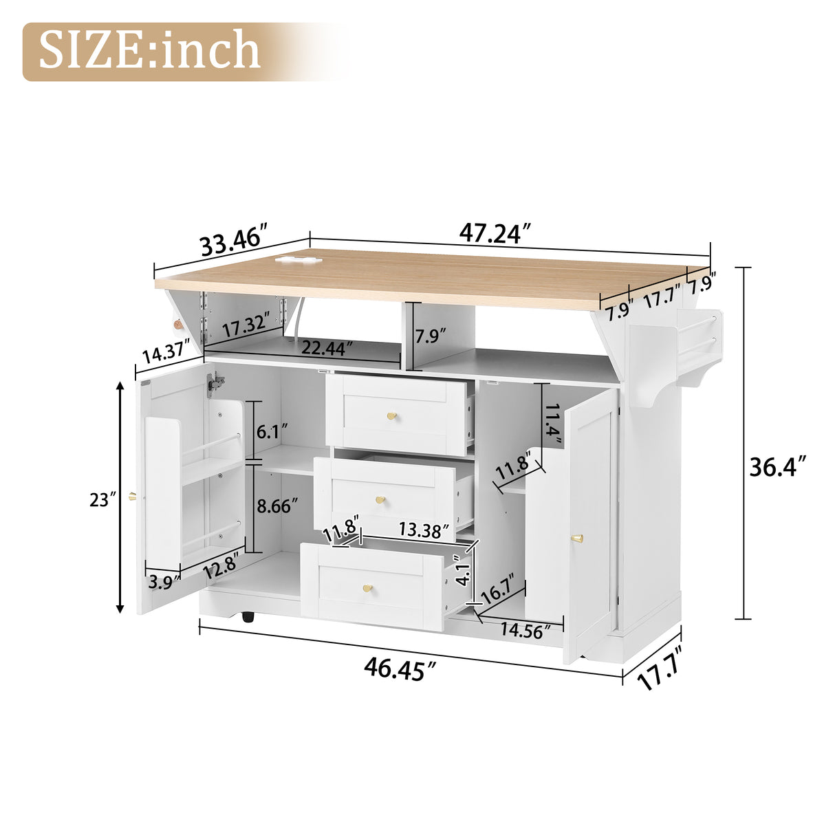 Large Kitchen Island with 2 Drop Leaf and Power Outlet