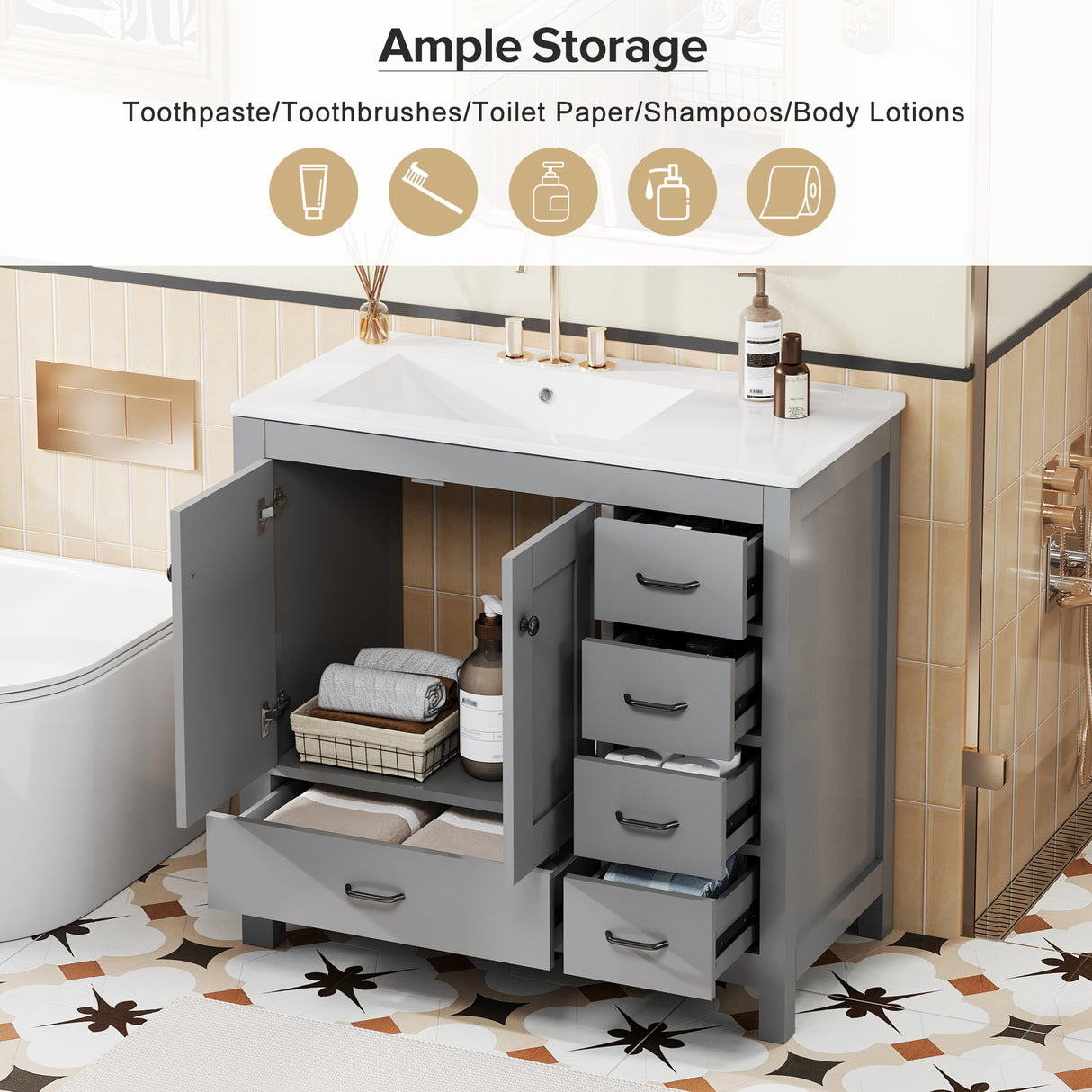 36" Gray Bathroom Vanity with Ceramic Sink Combo