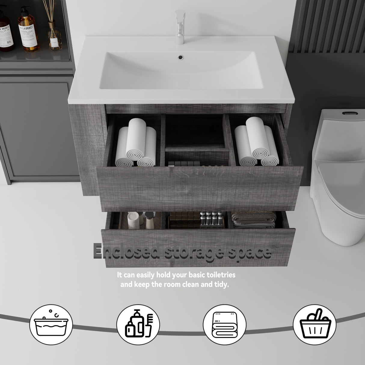 36 Inch Floating Bathroom Vanity with Sink, Soft-Close Door, Ceramic Sink, Plywood