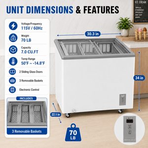 7.0 Cu.Ft Commercial Display Chest Freezer Inverter Energy Saving Ice