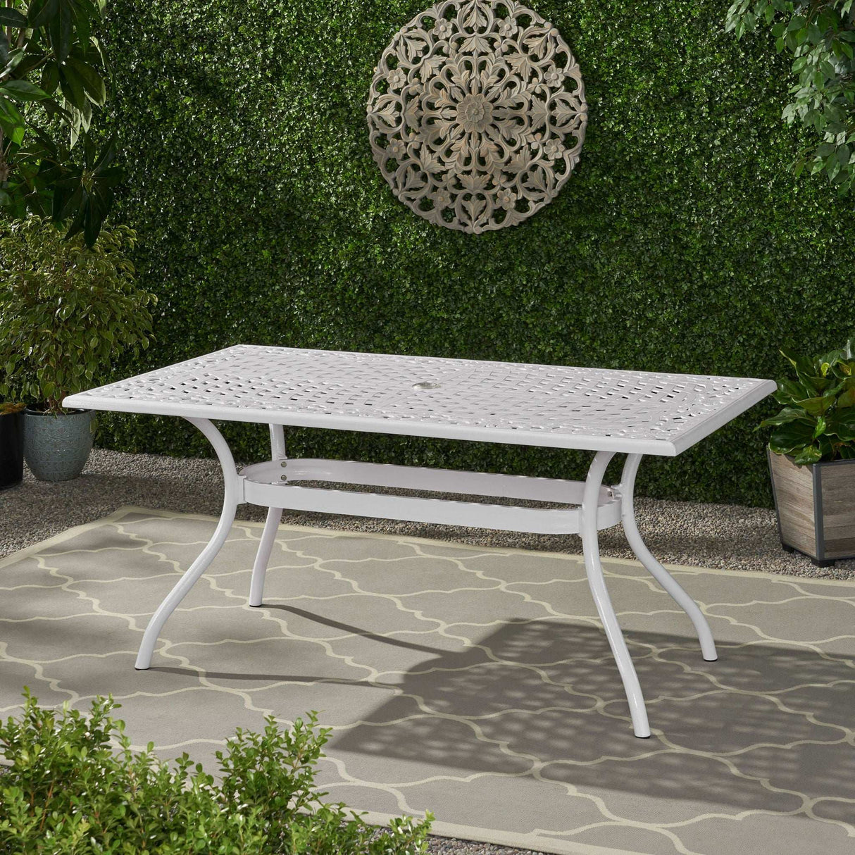 Celestine - Outdoor Cast Aluminum Dining Table With Floral Lattice Design And Umbrella Holder - Best Buy Furniture
