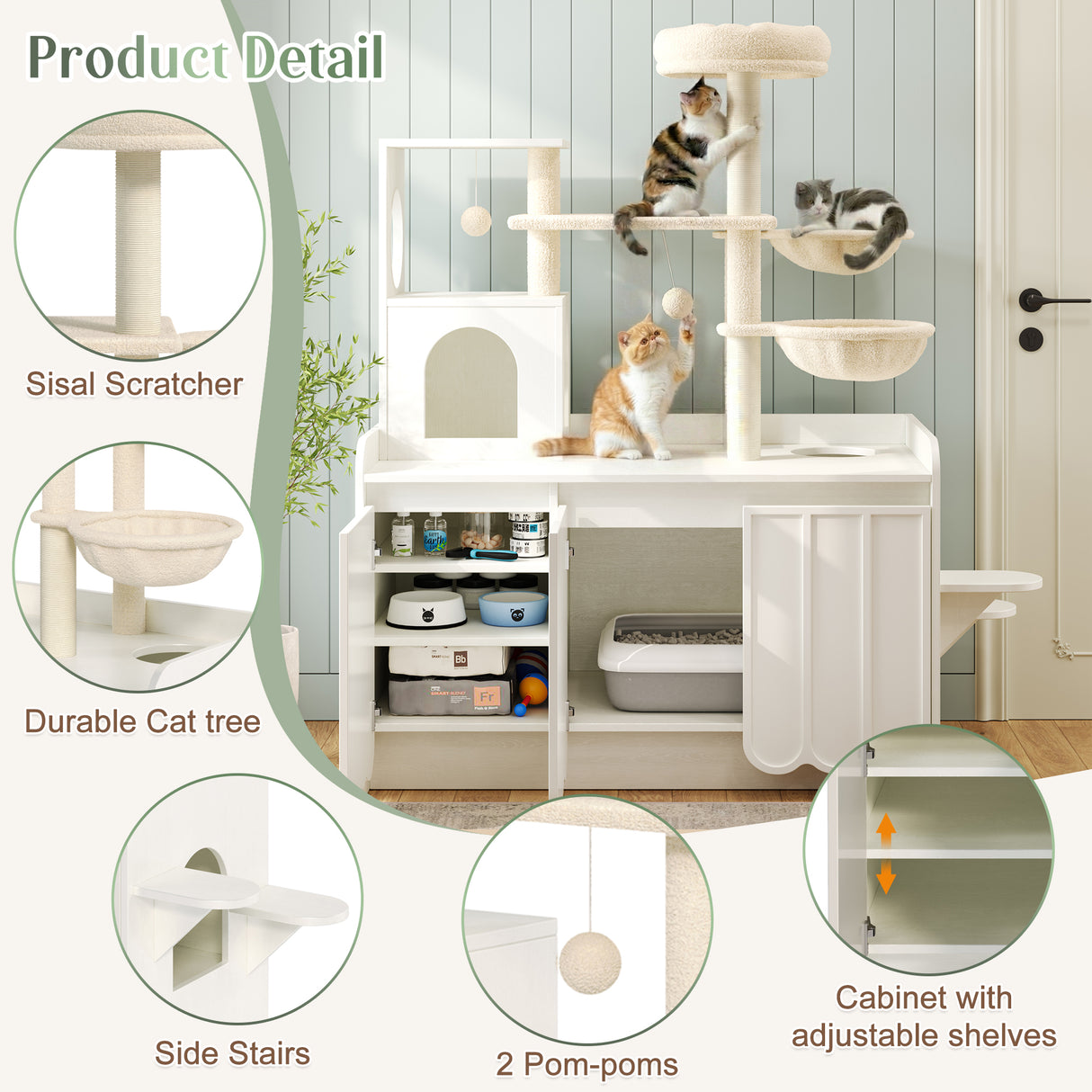 50.6" Cat Tree with Litter Box Enclosure, Sisal Scratching Post & Storage
