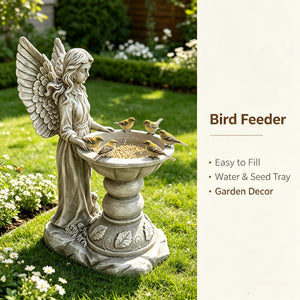 15.35" High Angel Bird Bath Sculpture, 11.61" Wide Resin Garden Angel Statue with Pedestal Bowl, Decorative Bird Feeder & Water Basin for Outdoor Home Decor