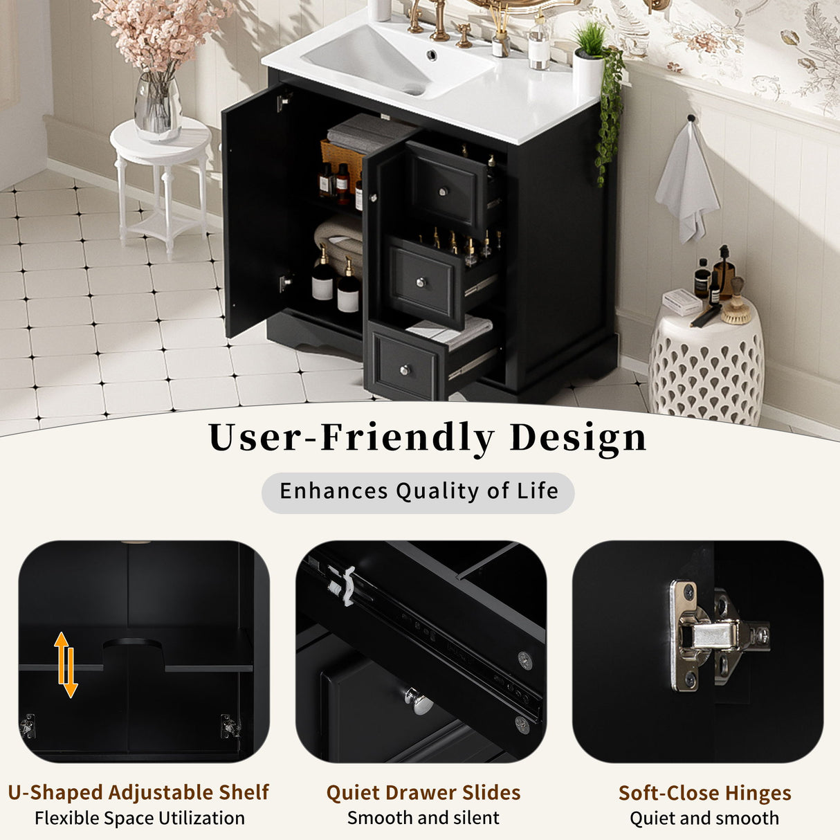 Bathroom Vanity With Sink, Soft-Close Doors, Adjustable U-Shelf, 3 Drawers
